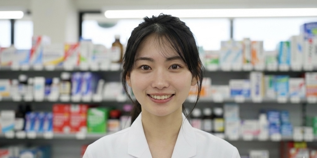 サンセイ調剤薬局の内部と笑顔の薬剤師